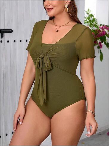 Milumia Women's Plus Size Contrast Mesh Knot Front Short Sleeve Bodysuits in Saudi Arabia