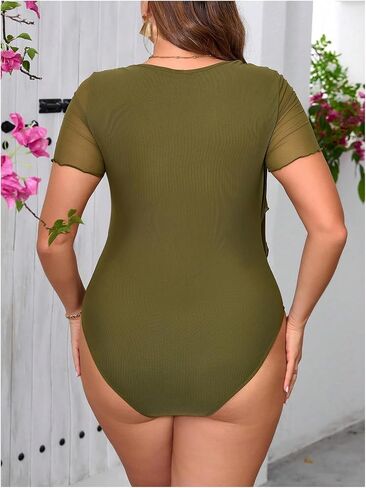 Milumia Women's Plus Size Contrast Mesh Knot Front Short Sleeve Bodysuits in Saudi Arabia