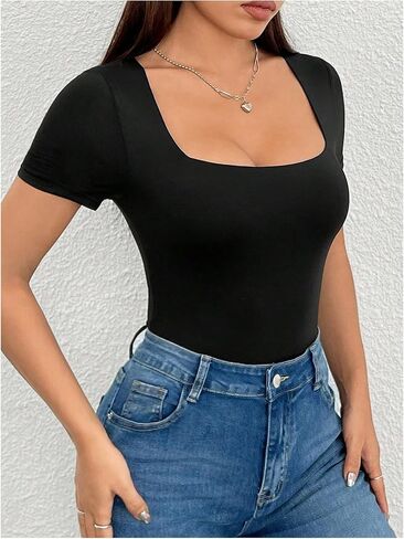 Women's Short Sleeve Bodysuit Tops Square Neck Slim Fit Thong Bodysuit Summer Shirt Tops in Saudi Arabia