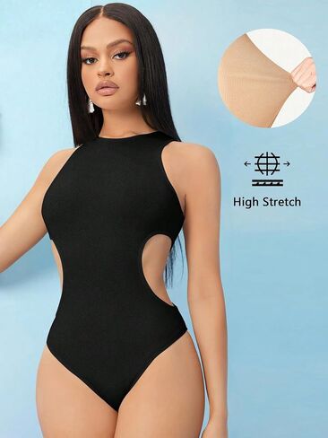 OYOANGLE Women's Cut Out Sleeveless Round Neck Solid Plain Tank Bodysuit Tops in Saudi Arabia