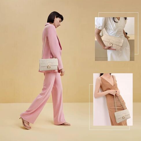 حقيبة كروس بمحفظة من القش للنساء مصممة حقيبة يد مسائية كاجوال صيفية للشاطئ حقيبة كتف من القش in Kuwait