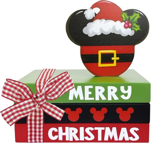 Merry Christmas Mini Wood Book Stacks, Xmas Cartoon Mouse Santa Tiered Tray Decor, Funny Holiday Decorative Wooden Sign, Farmhouse Rustic Shelf Table Home Decorations with Plaid Bow in Saudi Arabia