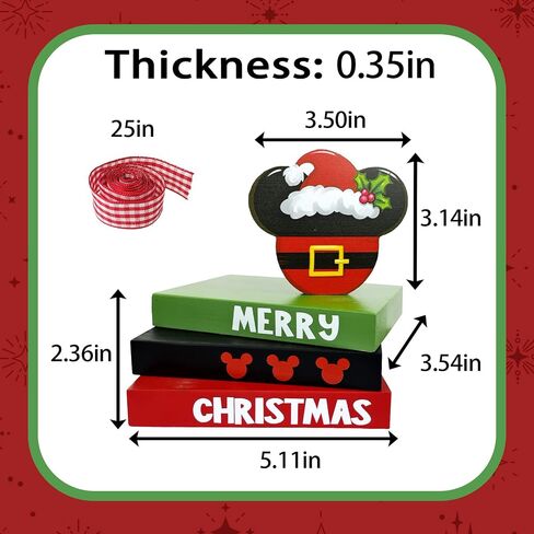 Merry Christmas Mini Wood Book Stacks, Xmas Cartoon Mouse Santa Tiered Tray Decor, Funny Holiday Decorative Wooden Sign, Farmhouse Rustic Shelf Table Home Decorations with Plaid Bow in Saudi Arabia