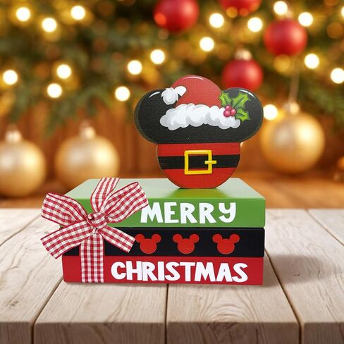 Merry Christmas Mini Wood Book Stacks, Xmas Cartoon Mouse Santa Tiered Tray Decor, Funny Holiday Decorative Wooden Sign, Farmhouse Rustic Shelf Table Home Decorations with Plaid Bow in Saudi Arabia