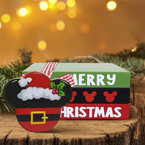 Merry Christmas Mini Wood Book Stacks, Xmas Cartoon Mouse Santa Tiered Tray Decor, Funny Holiday Decorative Wooden Sign, Farmhouse Rustic Shelf Table Home Decorations with Plaid Bow in Saudi Arabia