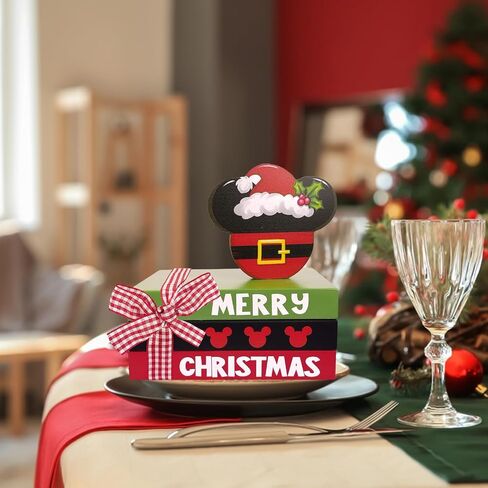 Merry Christmas Mini Wood Book Stacks, Xmas Cartoon Mouse Santa Tiered Tray Decor, Funny Holiday Decorative Wooden Sign, Farmhouse Rustic Shelf Table Home Decorations with Plaid Bow in Saudi Arabia