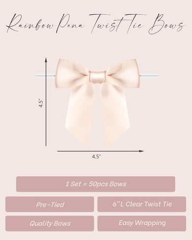 RainbowPana 50 Pack 4.5" Twist Tie Bows, Luxury Champagne Rose Satin Ribbon Pretied Bows, Premade Craft Decoration for Package Pop in Saudi Arabia