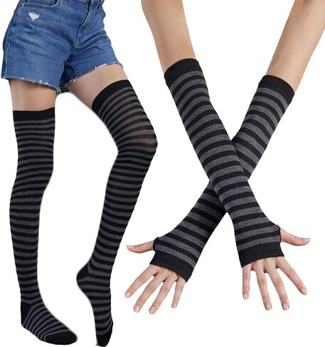 Striped Knee High Stockings Stripe Thigh High Socks and Winter Arm Warmers Sun Protection Arm Sleeves Black and Grey in Saudi Arabia