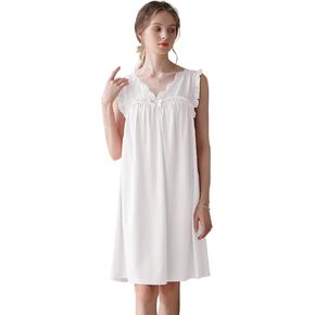 Nanxson Women's Knitted Cotton Nightgown Sleepwear Sleeveless Sleep Dress V Neck Lace Nightwear Victorian Loungewear