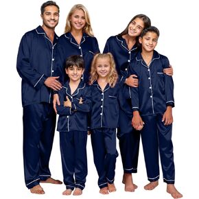 IFFEI Family Silk Satin Pajamas Matching Sets Long Sleeve Pjs for Couples 2 Piece Buttons Kids Christmas Pajamas with Pocket