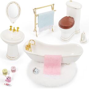 SAMCAMI Ceramic Dollhouse Furniture 1 12 Scale - Doll House Furniture Toys for Dollhouse Bathroom - Miniature Furniture Incl Toilet, Bathtub, Washbasin, Fluffy Carpet and Other Dollhouse Accessories