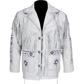 Men's Traditional Western Wear Native Cowboy White Leather Jacket Coat Fringe Beading