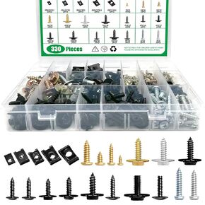 330Pcs Car U-Clip U Nut and Screw Bolts Assortment Kit, Auto Body Bumper Hood Retainer Clips with Phillips Round Head Self Tapping Screws for Fender Liner Splash Shield Bumper Cover