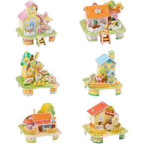 LOMIMOS 3D Cartoon Puzzles for Kids，6 House Building Kit Creative DIY Jigsaw Toys Paper Model for Art Crafts Birthday Party Favor Gifts.