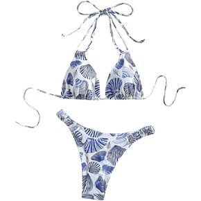 SOLY HUX Bathing Suit for Women Printed Halter Triangle Bikini Sets Two Piece Swimsuit
