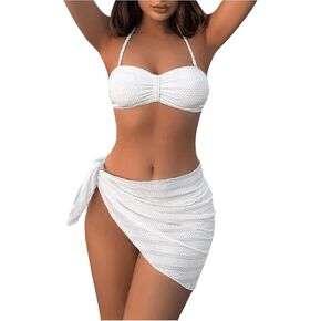 SOLY HUX Bathing Suit for Women 3 Piece Halter Ruched Bikini Sets Swimsuit with Beach Skirt