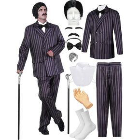 12 Pcs Mens Black Striped Halloween Costume Set Wig Mustache Hands Snake Head Scepter Ring Faux Shirt Collar Socks