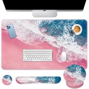 Britimes Keyboard Mouse Pad Set 4in1 Large Mousepad+Keyboard Wrist Rest+Mouse Wrist Rest+Coaster Set with Ergonomic Design for Home Office Computer 35.4x15.7Inches(Teal and Purple Liquid Marbling)