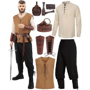 Oumbivil 9 Pcs Mens Renaissance Costumes Medieval Pirate Set Adult Halloween Costume Shirt Viking Vest Pants with Accessories