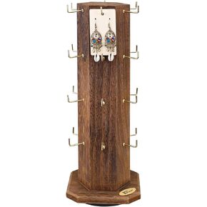 Ikee Design Free Assemble 24 Hooks Wood Hexagon 6 Sided Rotating Jewelry Display Stand Tower for Earrings,Bracelets, Earring Display Stand,Keychain Display Stand for Selling, Showcase, Brown Color