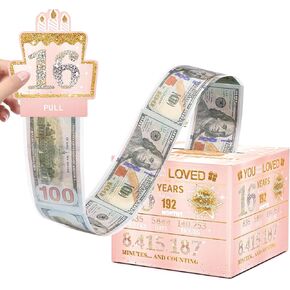 Sweet 16 Happy Birthday Money Box Pull, 16th Birthday Gifts for Girls, 16 Year Old Girl Birthday Gift Ideas, 16 Birthday Decorations for Girls, for Girls (Pink with 100PCS Bags)