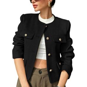 Women’s Cropped Tweed Blazers Jacket Collarless Long Sleeve Business Button Down Casual Cardigan Outwear Blazer