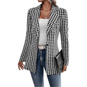 GORGLITTER Women's Houndstooth Long Sleeve Button Blazer Jackets Trendy Open Front Casual Business Work Office Blazers