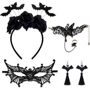 4 Pcs Masquerade Mask Set Include Bat Headband, Lace Masquerade Eyemask, Earrings, Bracelet for Party Supplies Halloween Costume Cosplay Accessories Favors Hair Accessories for Women Men Adults