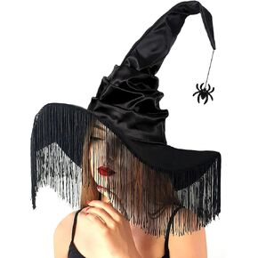 Witch Hat for Woman, Halloween Womens Witches Hats with Tassel Veils Black Cute Fancy Wizard Sorting Cap Cosplay Accessories for Adult