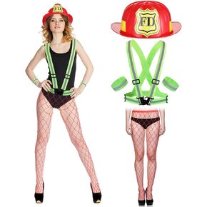 Jiuguva Halloween Woman's Firefighter Costume Firefighter Hat Reflective Vest Fishnet Stockings Firefighter Costume Accessories for Halloween Cosplay Party