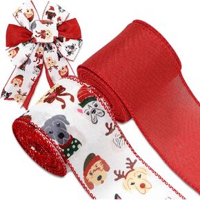 Christmas Wired Edge Ribbons Cartoon Dog Decorative Fabric Ribbons Red Wrapping Ribbons for Xmas DIY Crafts Wreath Bow Making Supplies, 2 Rolls, 20 Yard