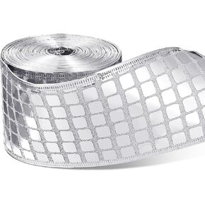 TecUnite 1 Roll 10 Yards Disco Ribbon 2.5 Inch Silver Christmas Wired Ribbon Sparkly Metallic Square Ribbon Sequins Ribbon Sewing Trim for Gift Wrapping DIY Crafts Christmas Tree Wreath Decor