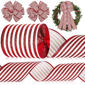 Whaline Christmas Peppermint Stripe Wired Edge Ribbon 4 Inch Glitter Christmas Red White Stripes Ribbon for Xmas Tree Bow Wreath Craft Gift Wrap Holiday Home Decor, 15 Yards in Saudi Arabia