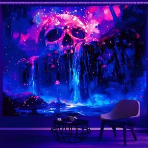 TUGCAY Blacklight Skull Waterfall Tapestry Mushroom Forest Tree Mountain Landscape Tapestry UV Reactive Galaxy Starry Night Tapestries for Bedroom Dorm Decor 60’’ x 50’’