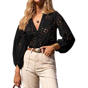Tankaneo Womens Deep V Neck Eyelet Blouses Tops Dressy Casual 3/4 Balloon Sleeve Cotton Button Down Shirts