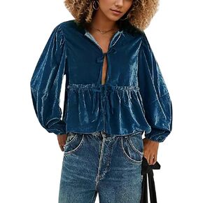 MISSACTIVER Bow Tie Front Long Sleeve Velvet Blouse Tops for Women V Neck Ruffle Cut Out Relaxed Solid Babydoll Shirts Top