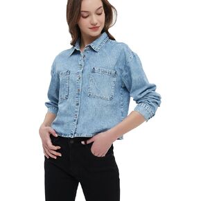 Women's Long Sleeve Cropped Denim Shirt Button Down Jean Jackets Denim Tops with Pockets in Saudi Arabia