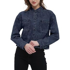 Women's Long Sleeve Cropped Denim Shirt Button Down Jean Jackets Denim Tops with Pockets