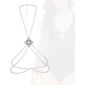 1920s Pearl Body Chains Layered Bra Chain Adjustable Rhinestone Chest Chains Evening Party Body Accessories Jewelry for Women
