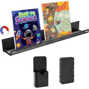 2 Set Magnetic Book Shelf for Whiteboard Classroom, 17Inch Metal Floating Book Display Shelf with Marker Holder Eraser Heavy Duty Magnet Book Holder Refrigerator Organizer for Kid Room Office Teacher