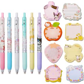 Cute Office Supplies - Including 6 Pcs Cartoon Gel Pens & 8 Pack Small Sticky Notes - Anime Cartoon Gifts Set for Girls