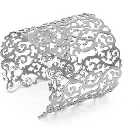 Yueton Metal Circle Artistic Hollow Flower Pattern Open End Cuff Bangle Bracelet (Silver)