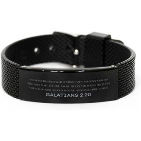 Galatians 2:20 Christian Black Shark Mesh Bracelet Gifts, Faith Message Prayer Galatians 2:20 Religious Bracelets for Women Men Galatians 2:20 Bible Verse Inspirational Mantra Adjustable Bracelet