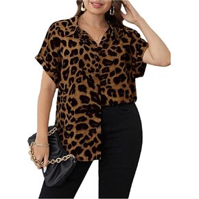 SOLY HUX Women's Plus Size Leopard Print Button Down Shirt Short Sleeve Summer Blouse Tops