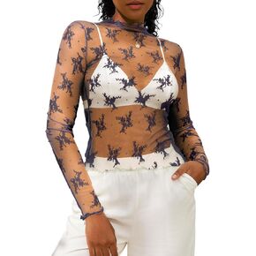 DOROSE Mesh Long Sleeve Top for Women Lace Mock Neck Floral Sheer Blouse Sexy
