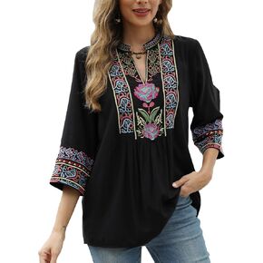 Higustar Mexican Embroidered Tops Boho 3/4 Sleeve Shirts Floral Peasant Tunic Bohemian Fiesta Blouses Clothes for Women
