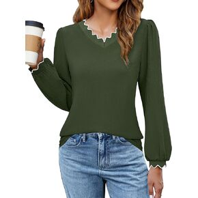 Blooming Jelly Womens Dressy Casual Long Sleeve Top V Neck Work Blouse Scalloped Business Shirts Fall Clothes 2024