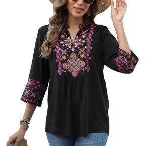 Higustar Mexican Embroidered Tops Boho 3/4 Sleeve Shirts Floral Peasant Tunic Bohemian Fiesta Blouses Clothes for Women