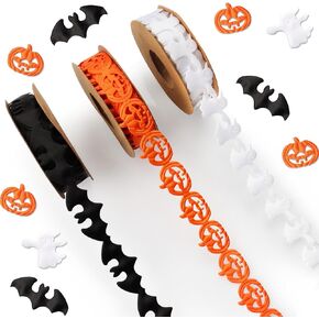 Threetols 3 Rolls 15 Yards Halloween Ribbons, Black White Orange Halloween Ribbons Pumpkin Bat Ghost Shape Craft Ribbons Trim Embellishment for Gift Wrapping Halloween Party Decoration