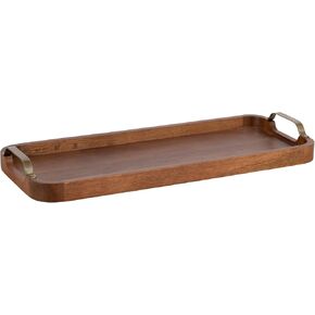 Kate and Laurel Farson Modern Decorative Wood Rectangle Tray with Handles, 10 x 24, Walnut Brown and Antique Brass, Transitional Rectangular Tray for Use as Entryway Tray Decor or Ottoman Serving Tray